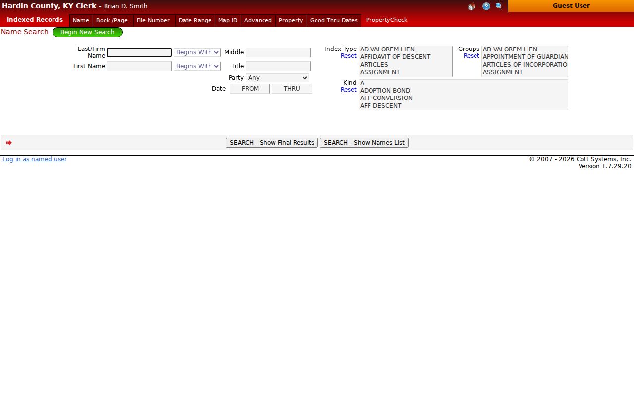 Hardin County Clerk Recordhub name search fields