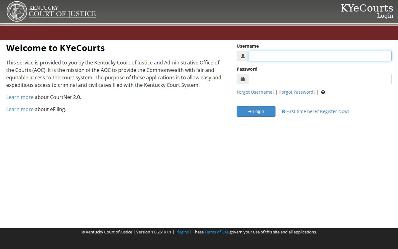 Kentucky CourtNet login and guest search landing page used for Radcliff resident records