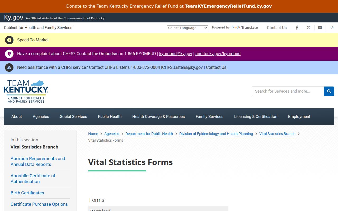 Kentucky Office of Vital Statistics application forms